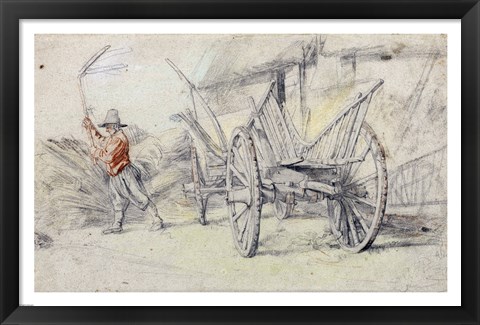 Framed Man Threshing Beside a Wagon Print