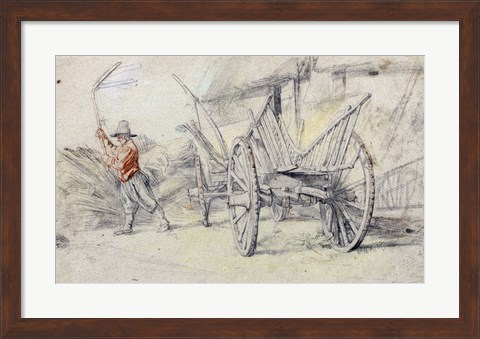 Framed Man Threshing Beside a Wagon Print