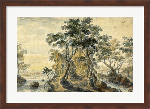 Framed River Landscape with House on a Rocky Island Print