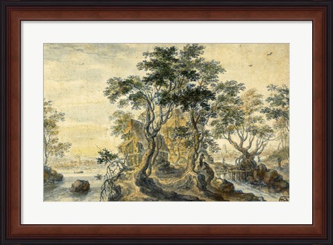 Framed River Landscape with House on a Rocky Island Print