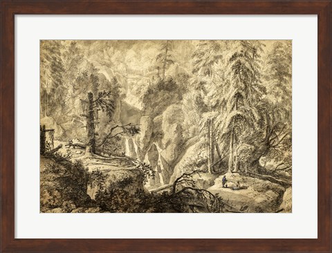 Framed Mountain Landscape, Peasants in a Clearing near a Waterfall Print