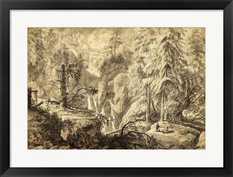 Framed Mountain Landscape, Peasants in a Clearing near a Waterfall Print