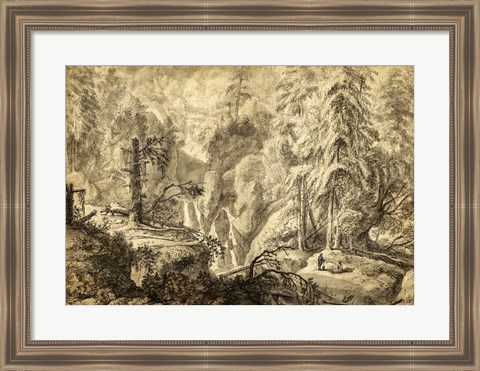 Framed Mountain Landscape, Peasants in a Clearing near a Waterfall Print