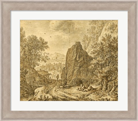 Framed Mountain Landscape with Figures Print