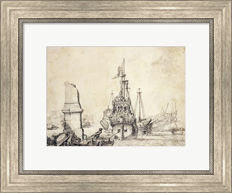 Framed Ship in a Port with a Ruined Obelisk Print
