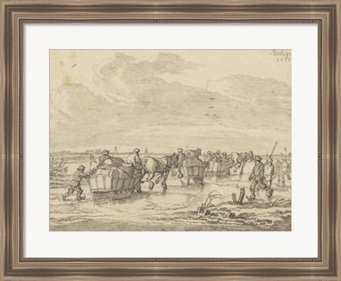 Framed Scene on the Ice with Skaters and Wagons Print