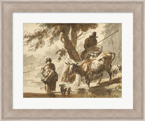 Framed Cows Crossing a Ford with a Couple and a Dog Print