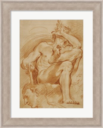 Framed Seated Nude Man, A Youthful Head, and a Caricature Head of a Man Playing a Pipe Print