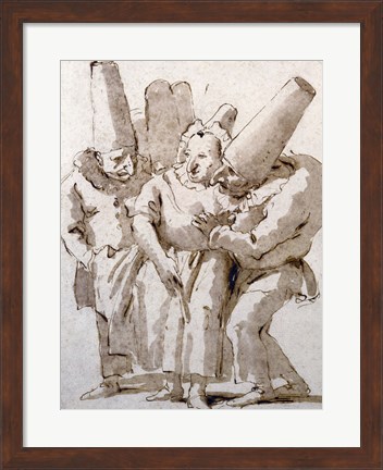 Framed Punchinellos Approaching a Woman Print