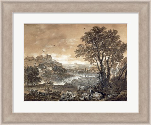 Framed Landscape with Shepherds Resting Under a Tree by a Cascade Print