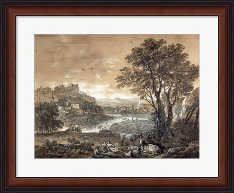 Framed Landscape with Shepherds Resting Under a Tree by a Cascade Print