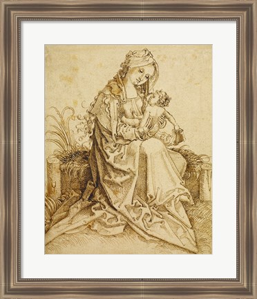 Framed Virgin and Child on a Grassy Bench Print