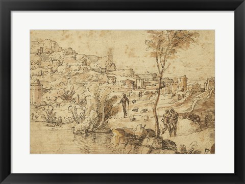 Framed Landscape with Shepherds by a River and a Town Beyond Print