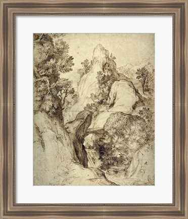 Framed Rocky Landscape with a Waterfall Print