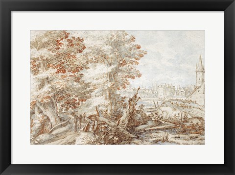 Framed Wooded Landscape with Travelers by a Stream, a Town Beyond Print