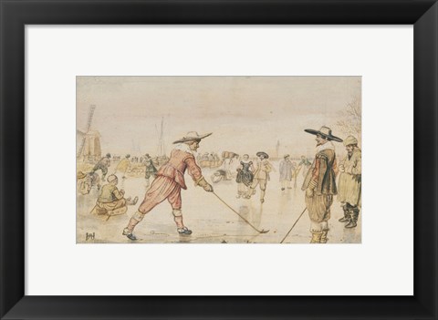 Framed Winter Scene with Two Gentlemen Playing Colf Print