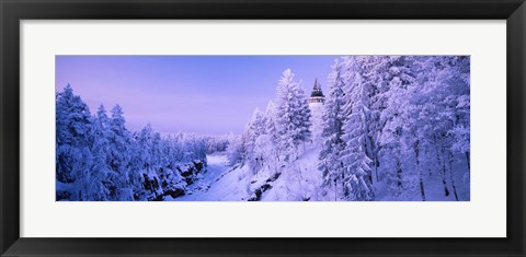 Framed Snow covered trees in front of a hotel, Imatra State Hotel, Imatra, Finland Print