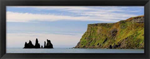 Framed Basalt rock formations in the sea, Vik, Iceland Print