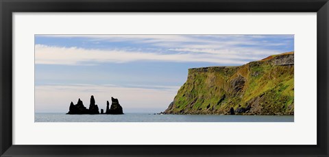 Framed Basalt rock formations in the sea, Vik, Iceland Print