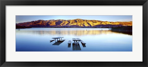 Framed Picnic tables in the lake, Diaz Recreation Area Lake, Lone Pine, California, USA Print