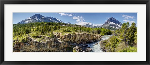 Framed Waterfalls at base of a lake, Swiftcurrent Lake, Glacier National Park, Montana, USA Print