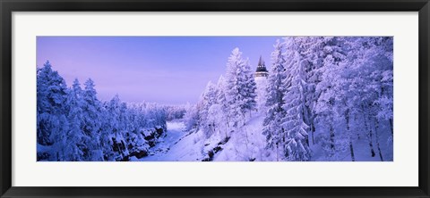 Framed Snow covered trees in front of a hotel, Imatra State Hotel, Imatra, Finland Print