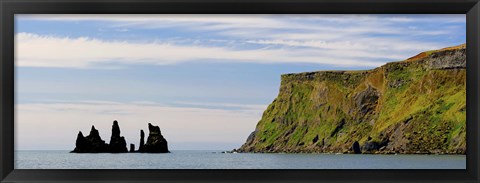 Framed Basalt rock formations in the sea, Vik, Iceland Print