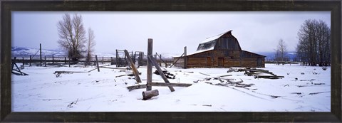 Framed Mormon barn in winter, Wyoming, USA Print
