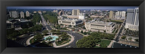 Framed Aerial view of buildings in a city, Logan Circle, Ben Franklin Parkway, Philadelphia, Pennsylvania, USA Print