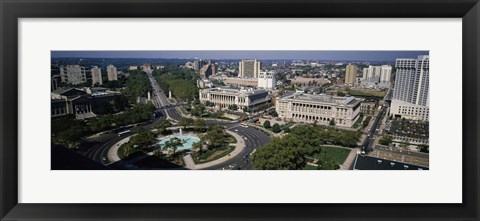 Framed Aerial view of buildings in a city, Logan Circle, Ben Franklin Parkway, Philadelphia, Pennsylvania, USA Print