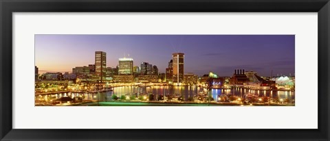 Framed USA, Maryland, Baltimore, City at night viewed from Federal Hill Park Print