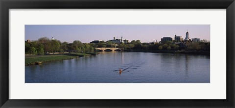 Framed Boat in a river, Charles River, Boston &amp; Cambridge, Massachusetts, USA Print