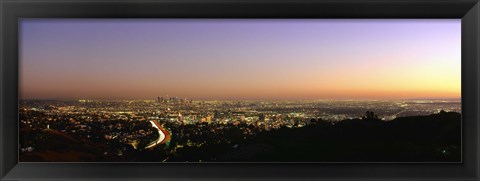 Framed Aerial view of buildings in a city at dusk from Hollywood Hills, Hollywood, City of Los Angeles, California, USA Print