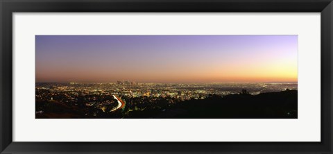 Framed Aerial view of buildings in a city at dusk from Hollywood Hills, Hollywood, City of Los Angeles, California, USA Print