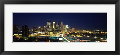 Framed Buildings lit up at night in a city, Minneapolis, Hennepin County, Minnesota, USA Print