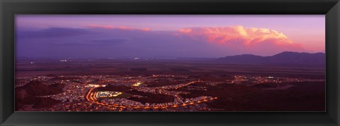 Framed Aerial view of a city lit up at sunset, Phoenix, Maricopa County, Arizona, USA Print