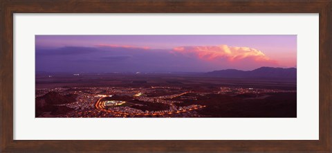 Framed Aerial view of a city lit up at sunset, Phoenix, Maricopa County, Arizona, USA Print