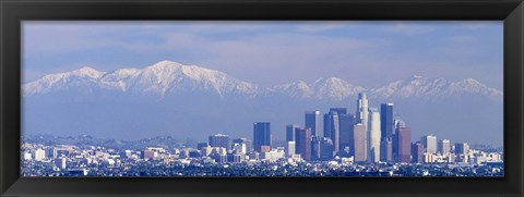 Framed Buildings in a city with snowcapped mountains in the background, San Gabriel Mountains, City of Los Angeles, California, USA Print