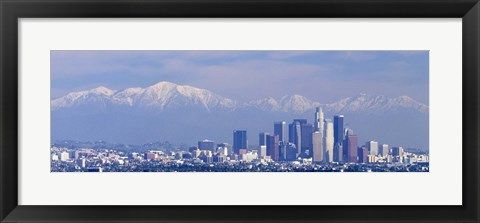 Framed Buildings in a city with snowcapped mountains in the background, San Gabriel Mountains, City of Los Angeles, California, USA Print