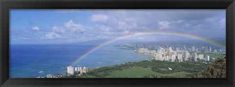 Framed Rainbow Over A City, Waikiki, Honolulu, Oahu, Hawaii, USA Print