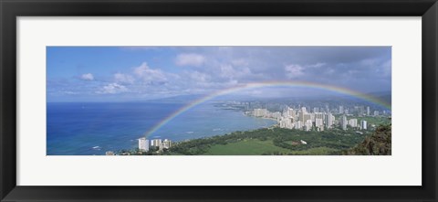 Framed Rainbow Over A City, Waikiki, Honolulu, Oahu, Hawaii, USA Print