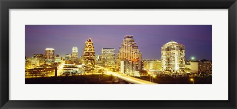 Framed Buildings lit up at dusk, Austin, Texas, USA Print