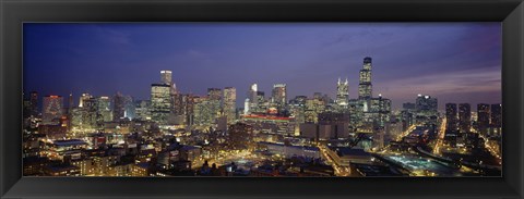 Framed High Angle View Of Buildings Lit Up At Dusk, Chicago, Illinois, USA Print