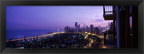 Framed High angle view of a city at night, Lake Michigan, Chicago, Cook County, Illinois, USA Print