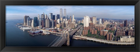 Framed Aerial view of Brooklyn Bridge and Manhattan skyline, New York City, New York State, USA Print