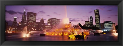 Framed Fountain lit up at dusk in a city, Chicago, Cook County, Illinois, USA Print