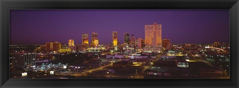 Framed High angle view of skyscrapers lit up at night, Dallas, Texas, USA Print