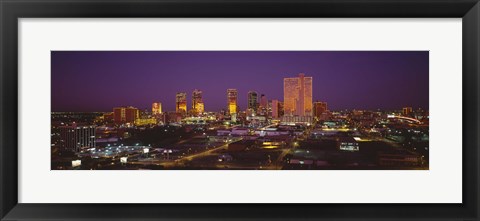 Framed High angle view of skyscrapers lit up at night, Dallas, Texas, USA Print