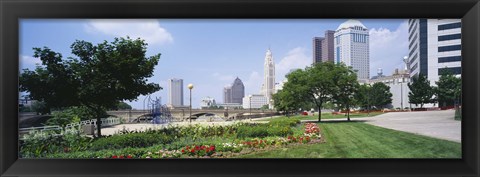 Framed Garden in front of skyscrapers in a city, Scioto River, Columbus, Ohio, USA Print