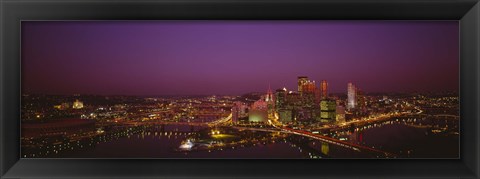 Framed High angle view of buildings lit up at night, Three Rivers Stadium, Pittsburgh, Pennsylvania, USA Print